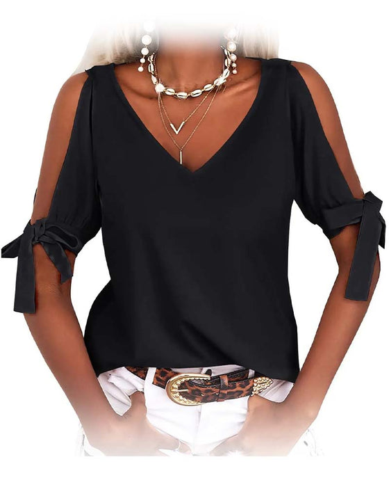Blus V-Hals Cold Shoulder Rosett Enfärgad