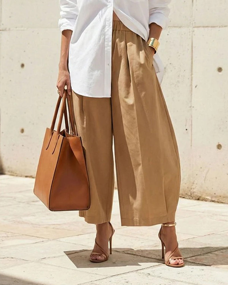 Byxor Enfärgad Elastisk Midja Tulpafåll Croppad