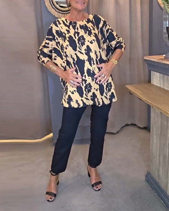 Blus Rund Hals Tryckt Slits