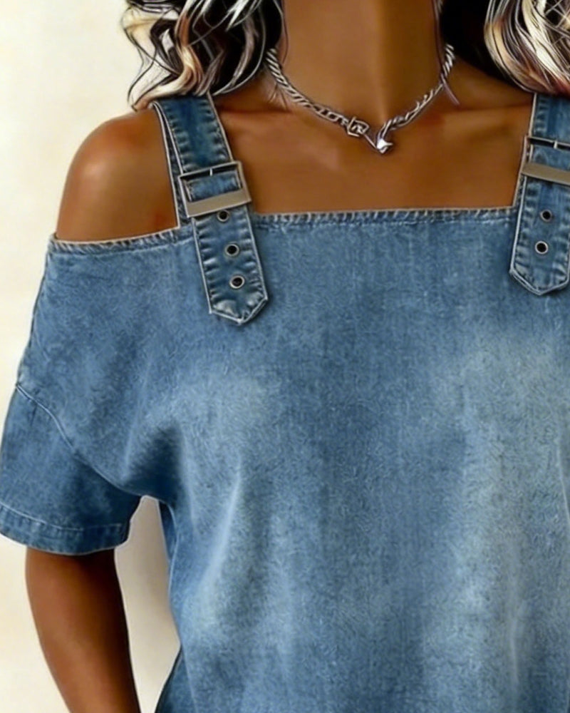 Klänning Axelfri Knäppt Denim