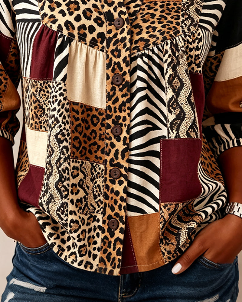 Blus Leopard Färgblock V-Hals
