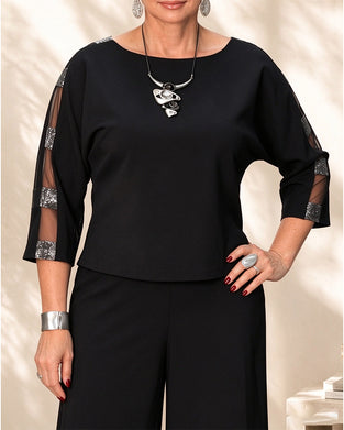 Blus Rund Hals Sheer Trekvart Ärm