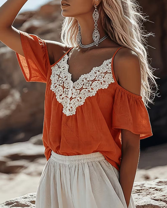 Blus Spets Patchwork Off-Shoulder