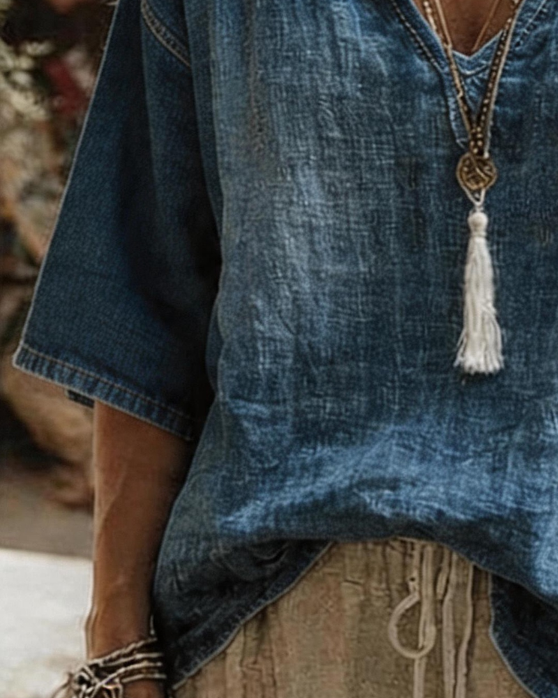Topp V-Hals Denim Halv Ärm