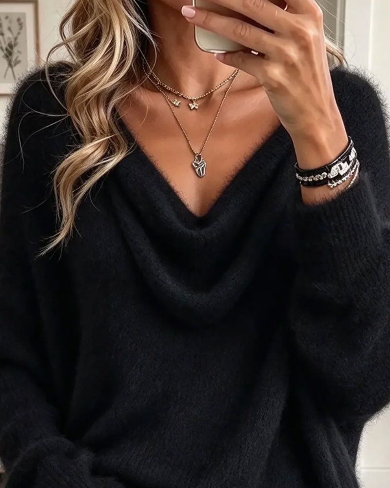 Pullover Drapagerad Krage Fransad Plysch Lössittande
