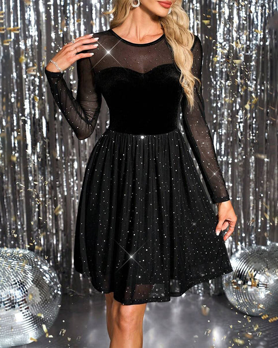 Klänning Glittrig Mesh Sammet Lappverk A-Line
