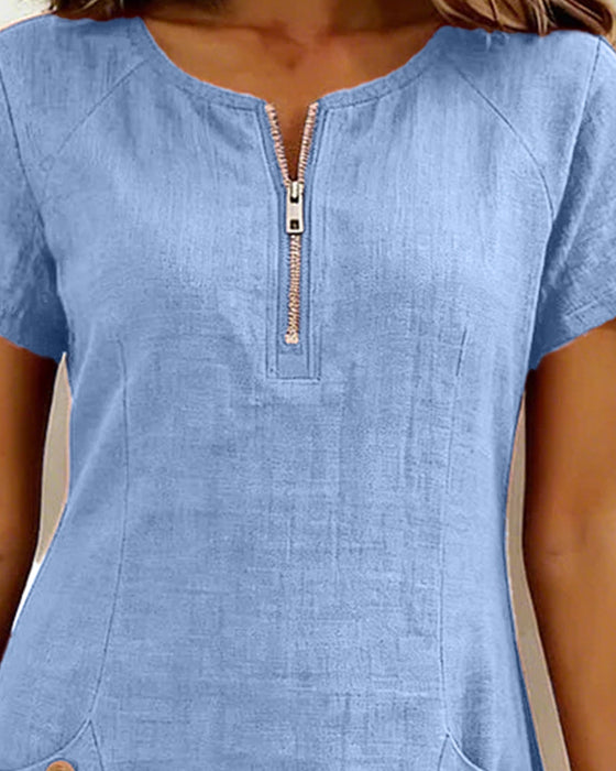 Klänning Dragkedja Ficka Bomull Linne