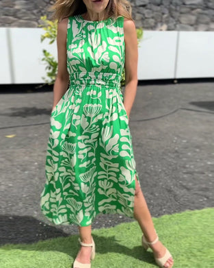 Klänning Ärmlös Lång Midja Tryckt