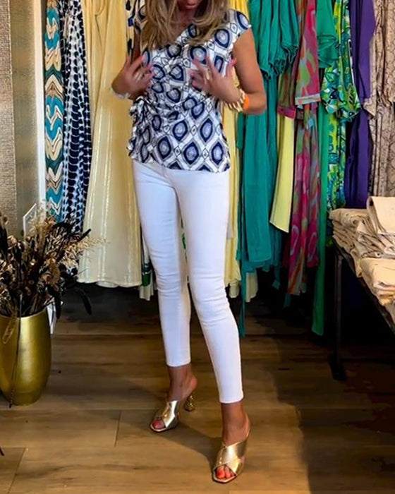 Tryckt ärmlös elegant topp med snörning