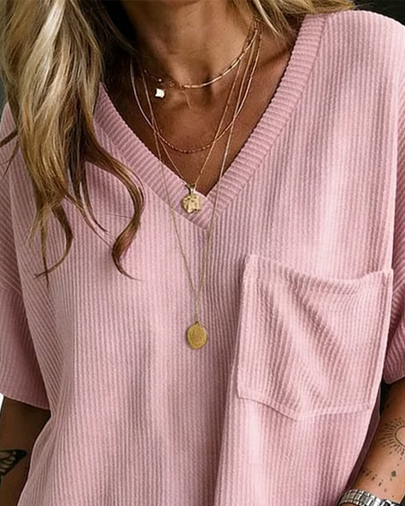 T-Shirt Ribbad V-Hals Ficka Kort Ärm