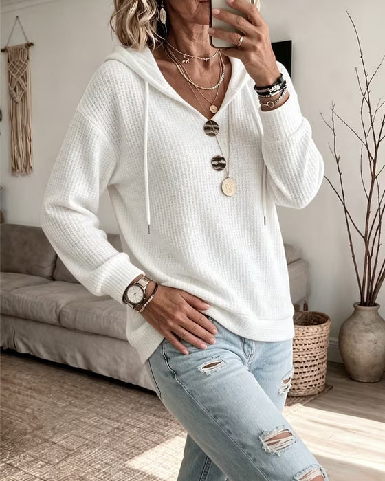 Hoodie Med Dragsko V-Hals Ribbad