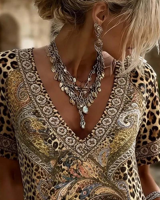 Blus V-Hals Leopard Tryck Kort Ärm Avslappnad