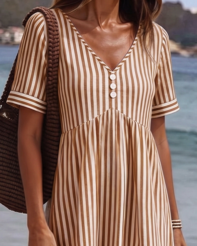 Klänning Vertikal Rand Babydoll V Hals A Linje