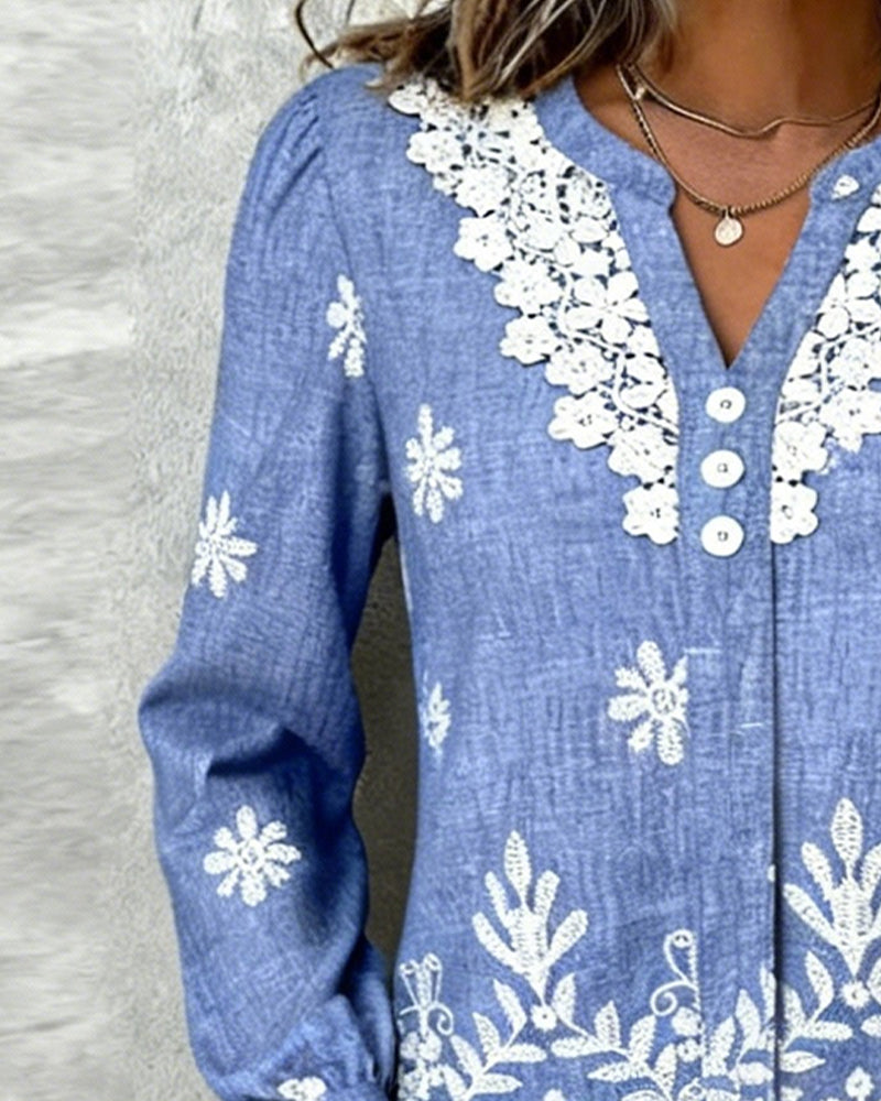 Skjort Puckad Ärm Broderi Spetskant