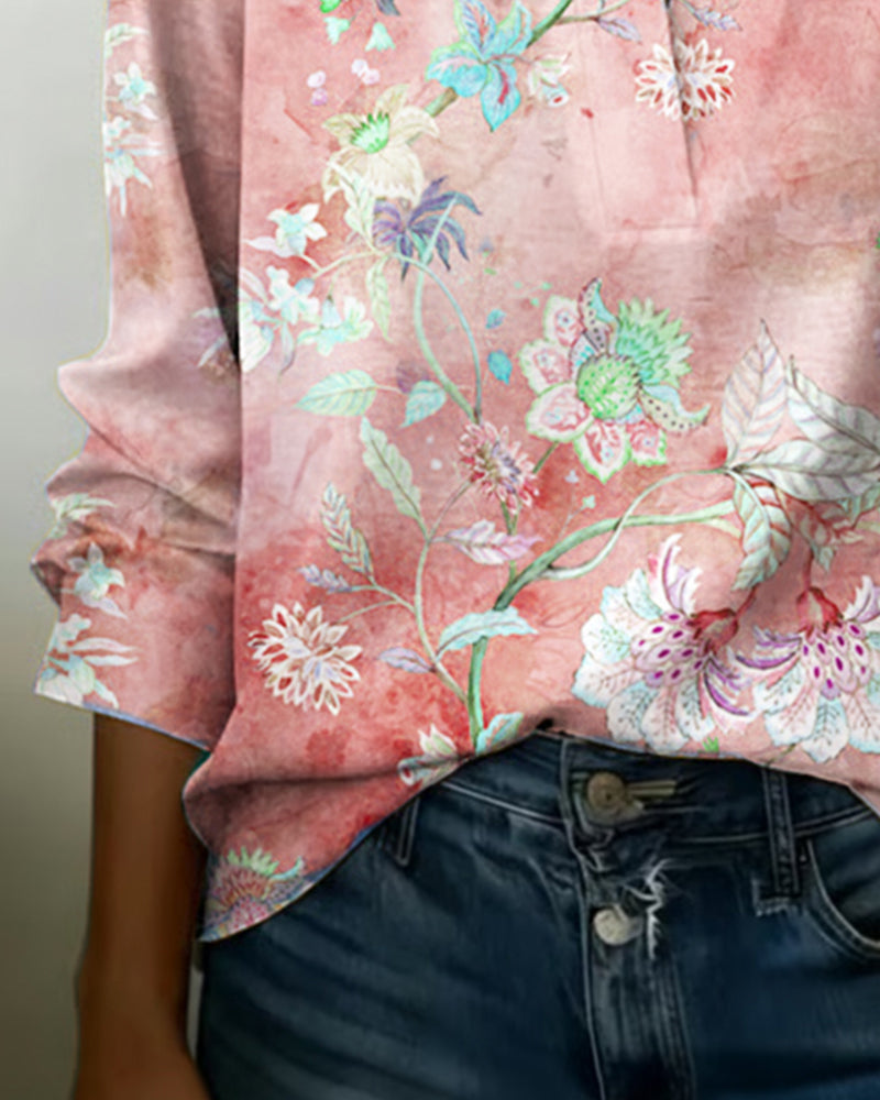 Blus Ståndkrage Långärmad Blommig