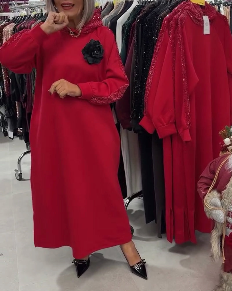 Klänning Med Huva Glitter Broderi Lång