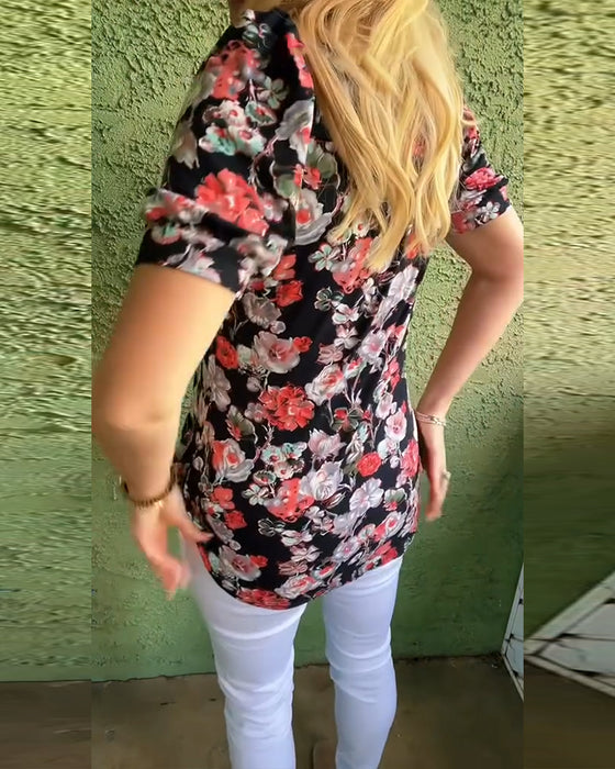 Blus Rund hals Puckad ärm Veckad Blommig