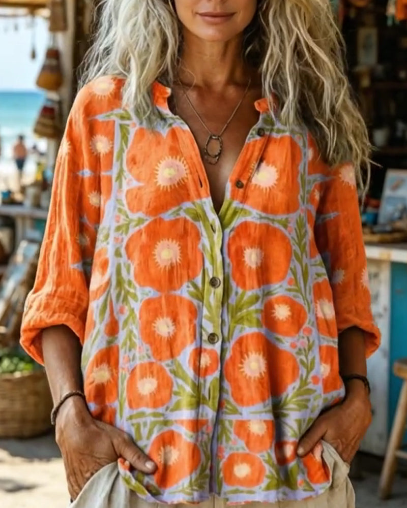Skjorta Ståkrage Knäppning Vintage Blommig