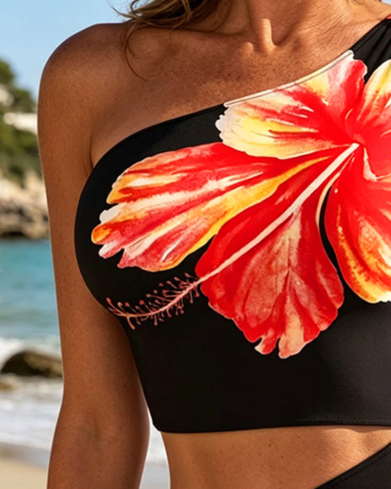 One-Piece Enaxlad Hibiscus Tryck