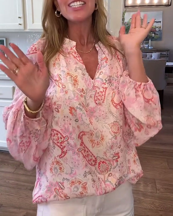 Blus Med Ballongärmar Och Blommönster