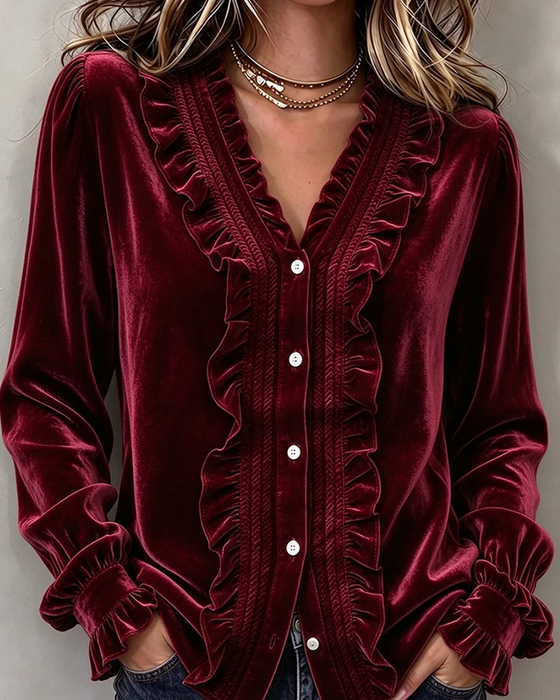 Blus Velvet Ruffle-Trim V-Neck Långärmad