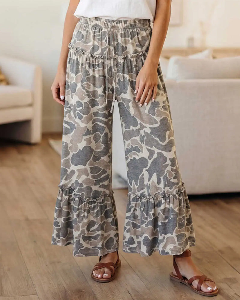 Byxor Elastisk Midja Kamouflage Ruffle Capri