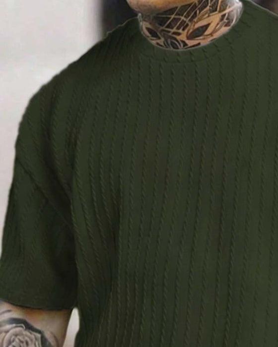 Herres Stripad T-Shirt Och Shorts Tvådelig Set Med Crew-Årning