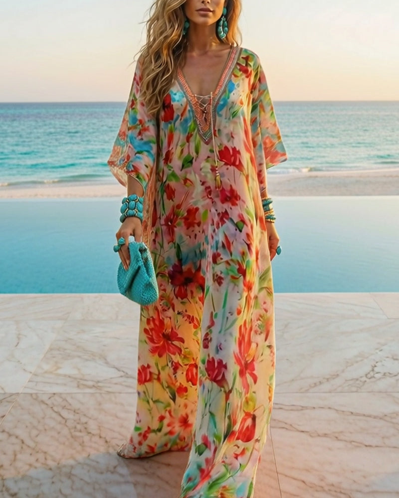 Klänning Färgglad Blommigt Tryck Lång Blus
