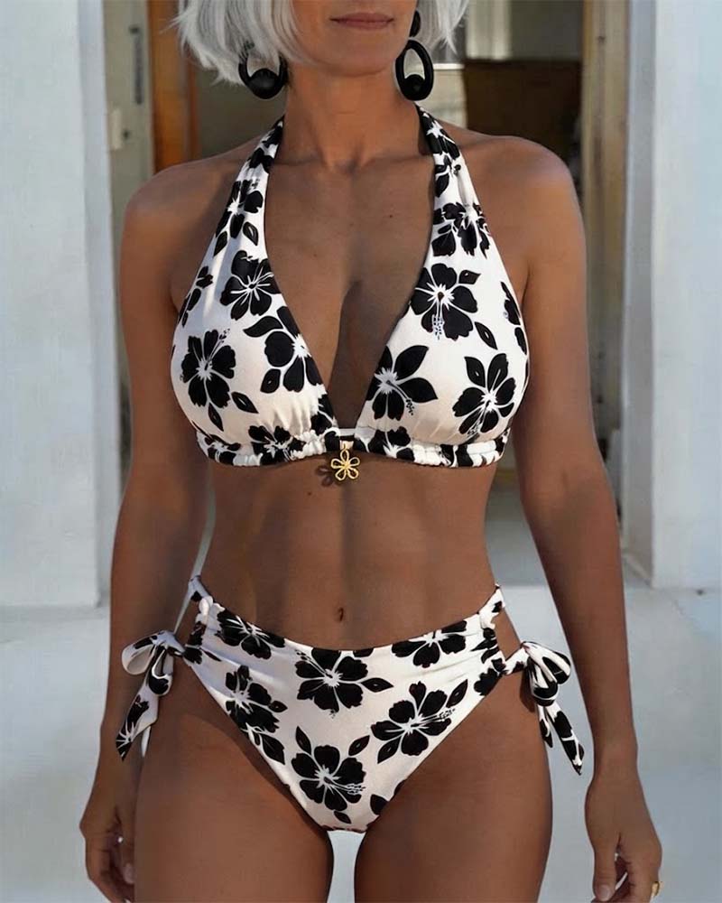 Bikini Hibiskus Tryck Halter