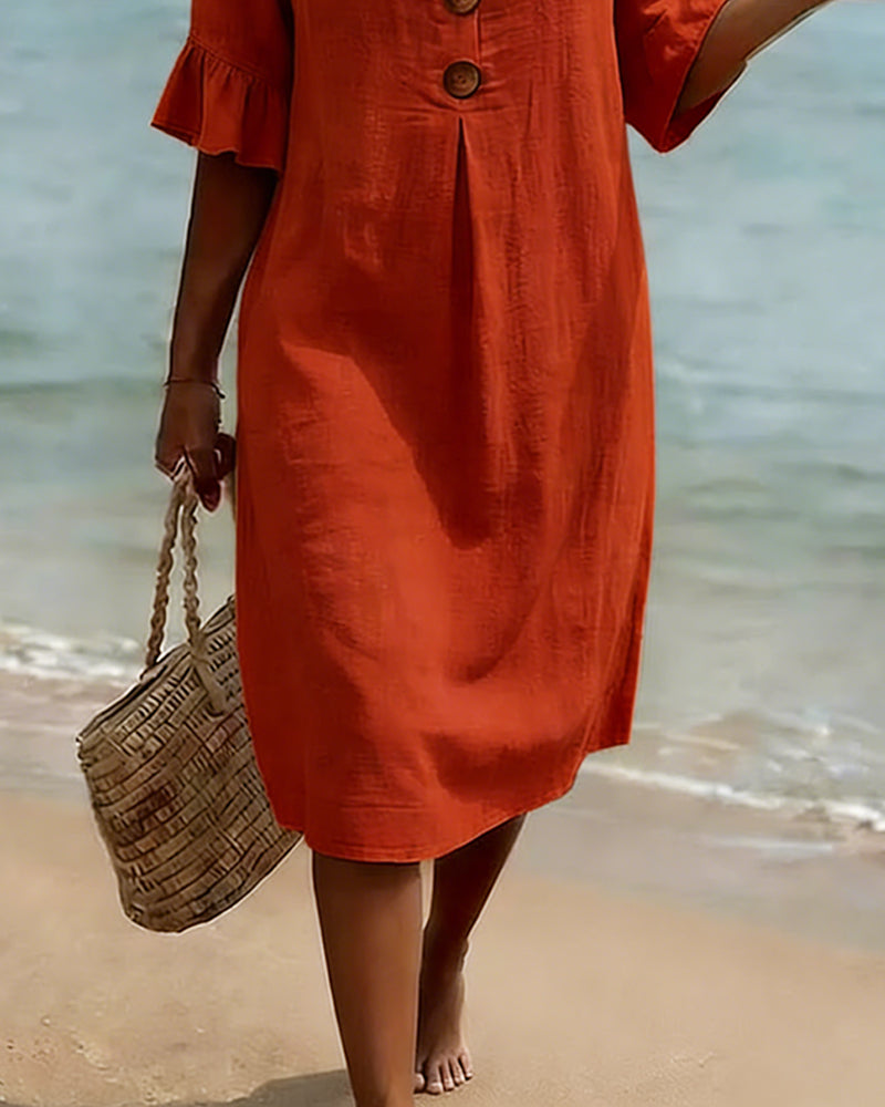 Klänning Knapp Rynkad Ärm 100% Bomull