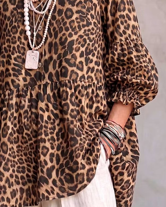 Topp Leopard Tryck Rynkning Trim Knapp