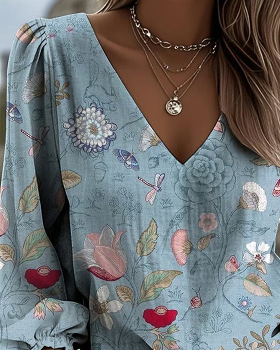 Blus Med Blom- Och Insektsmönster Puffärm