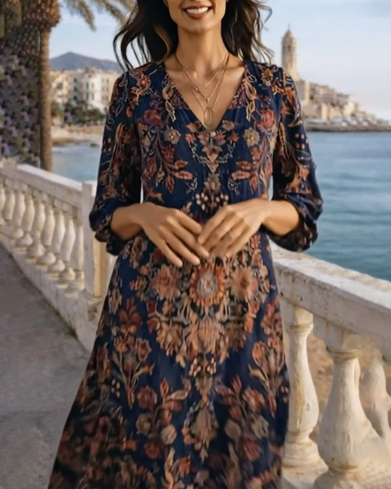 Klänning V-Ringad Retro Tryckt Maxi
