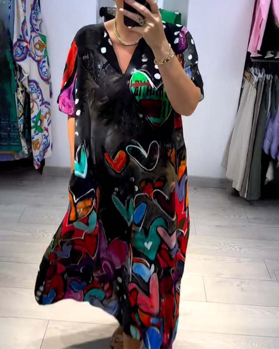 V-ringad love casual klänning med tryck