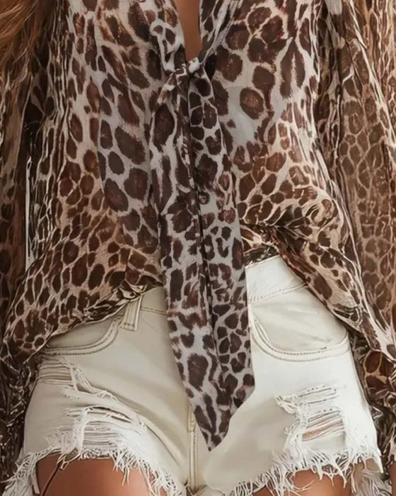 Skjorta V‑hals Leopardmönster Genomskinlig Långärmad