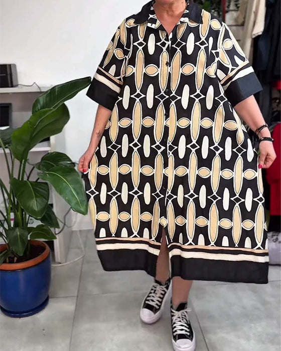 Klänning Krage Tryckt Kort Ärm Lös