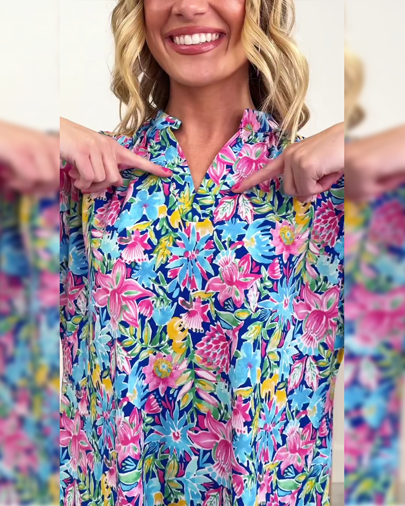 Topp Tropisk Blommig Kortärmad