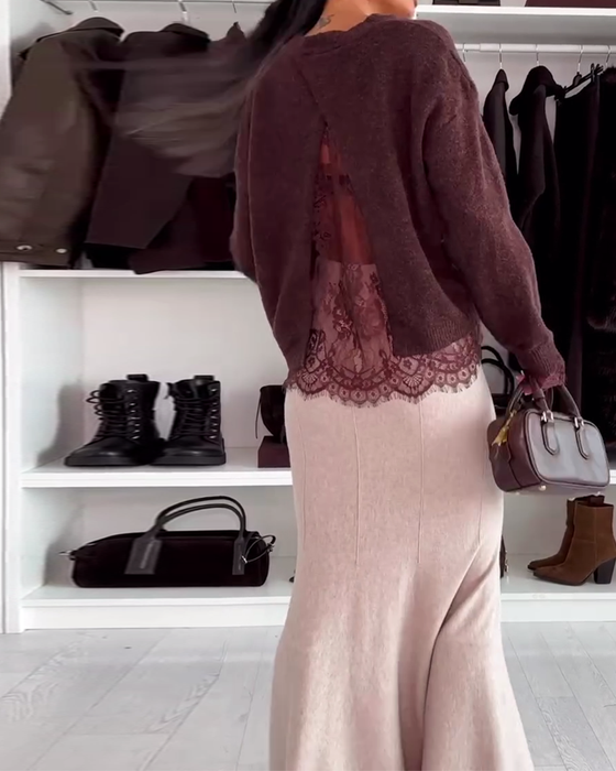 Pullover Med Spetspanel Och Rund Hals