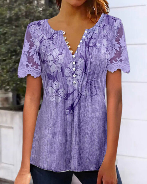 Blus Med Spetsdetalj Rund Hals Tryckt