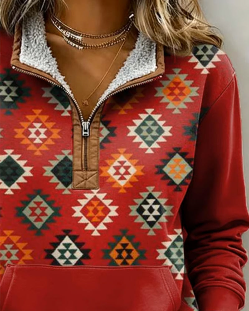 Sweatshirt Med Halv Dragkedja Färgblockad Design Och Ficka