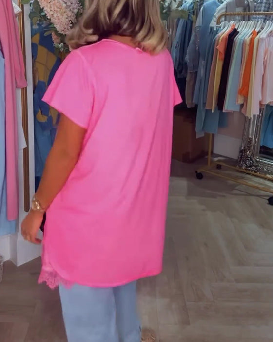 T-shirt Spets Sammansatt Kort Ärm