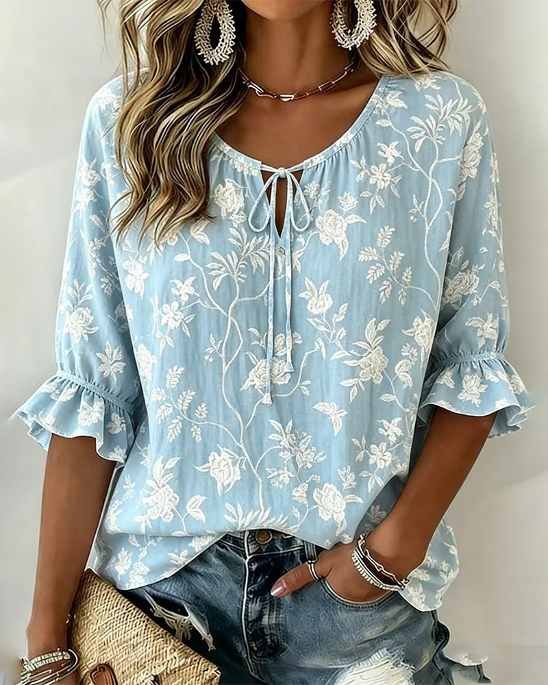 Blus Knytning Ruffle Tryck