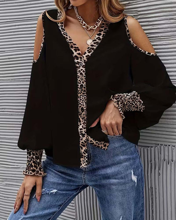 Blus Off-Axel Leopard Patchwork Lång Ärm