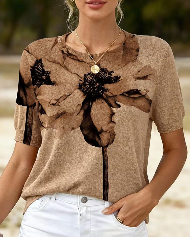 Pullover Blommönster Stickad Kortärmad