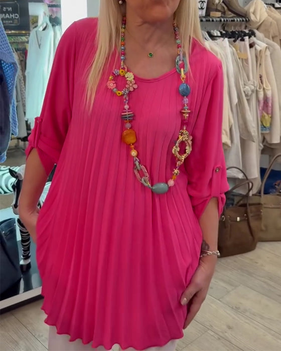 Blus Runde Halsringning Veckad