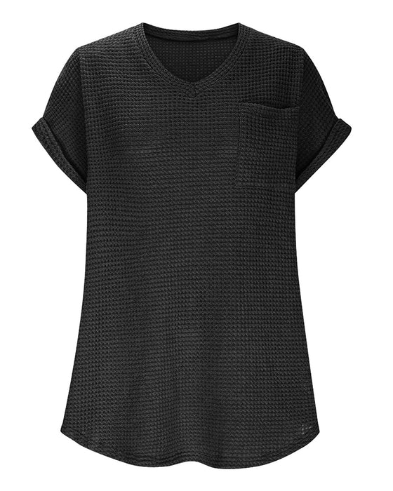 T-Shirt Dam Våffelstickad V-ringning Casual Sommar