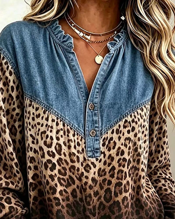 Topp Denim Patchwork Leopardtryck Långärmad