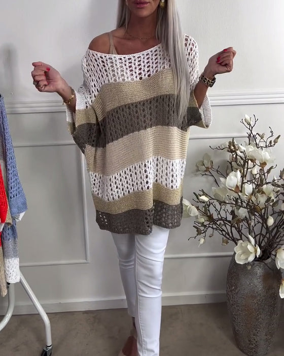 Casual färgblock ihålig långärmad tröja