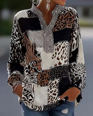 Blus Mandarin Krage Leopard Patchwork