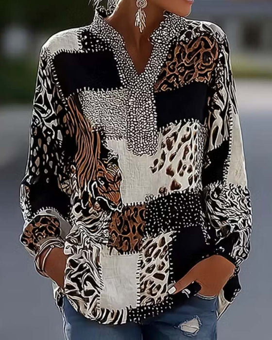 Blus Mandarin Krage Leopard Patchwork